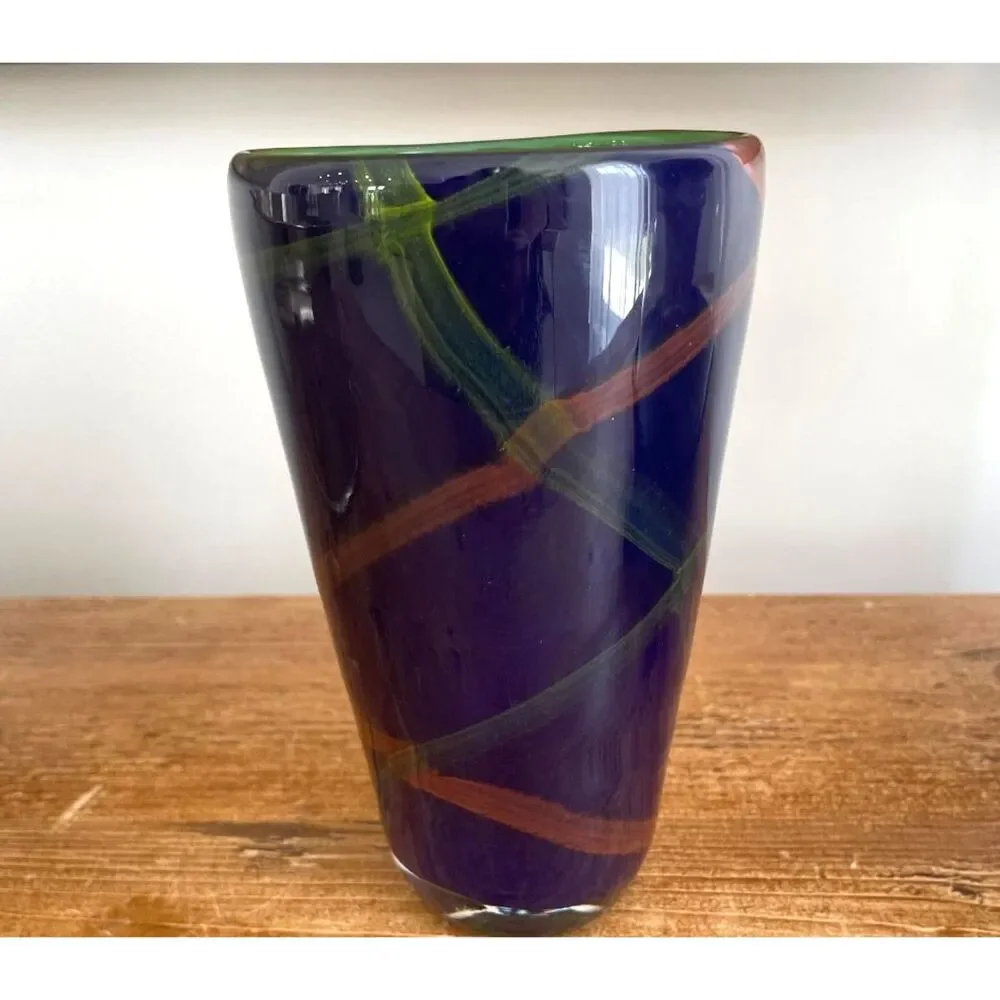 Vintage Soholm Danmark Blue Glass Vase with Cross Ribbon Accents
